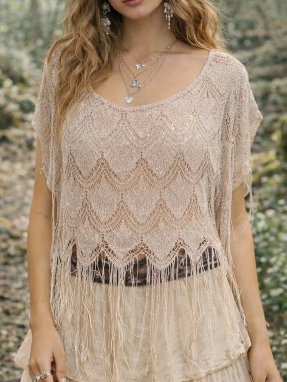 Kirra Boho Metallic Shimmer Crochet Fringe Crop Top